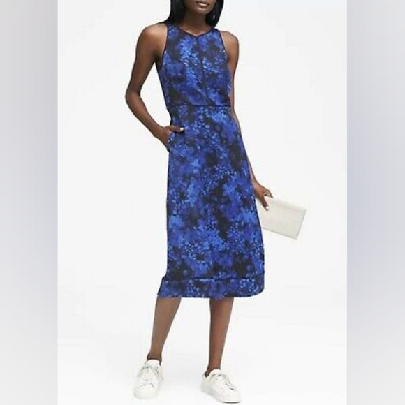 Banana Republic Sleeveless Dress Floral Print Midi Fit Flare Blue Women's Size 0 - Picture 1 of 12